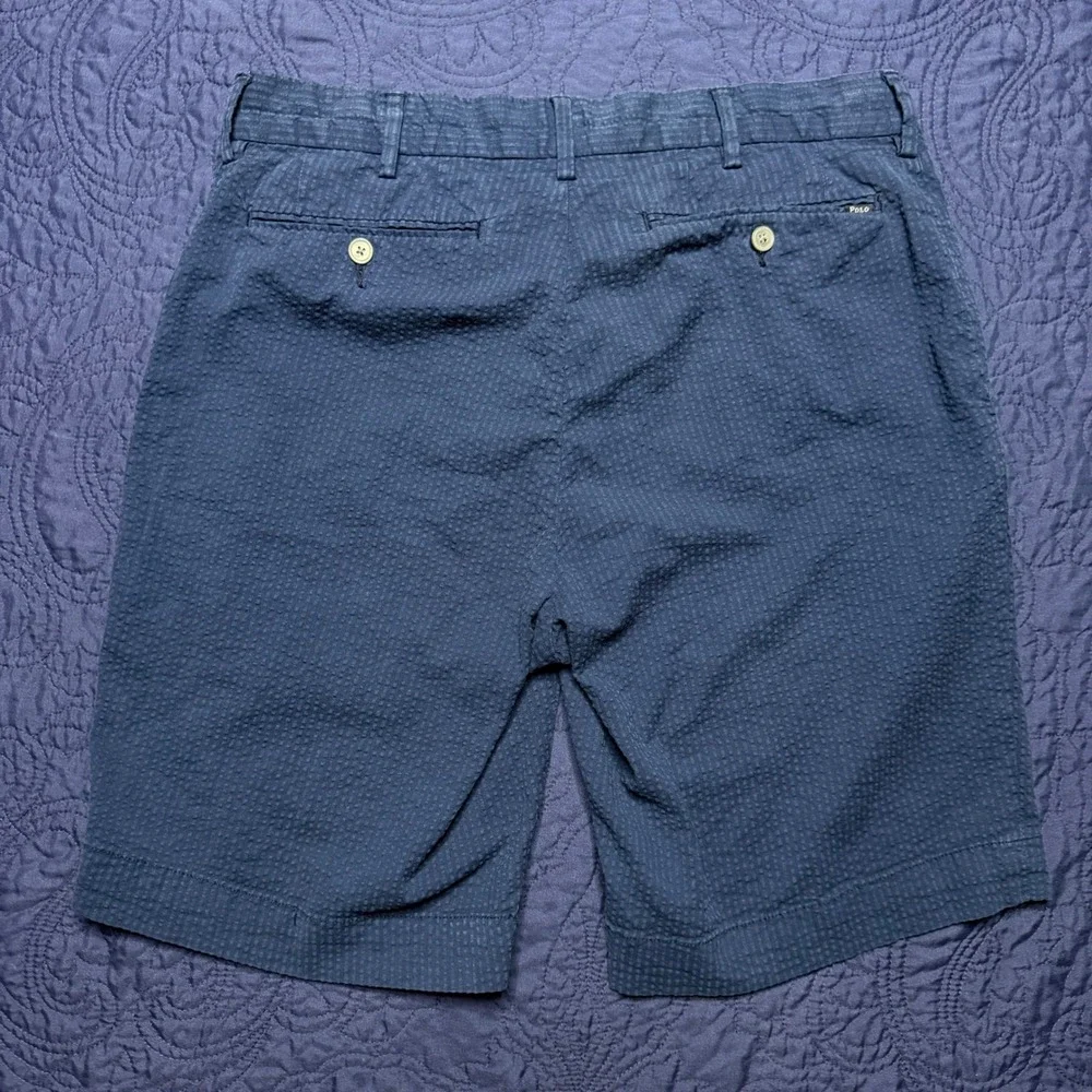 Polo Ralph Lauren Mens Navy Blue Seersucker Stretch Classic Fit Shorts Size 30